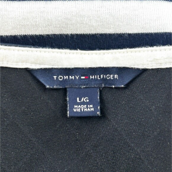 Tommy Hilfiger L Knit Top Faux Leather Yokes Navy Blue White Stripes 3/4 Sleeve - Picture 8 of 8